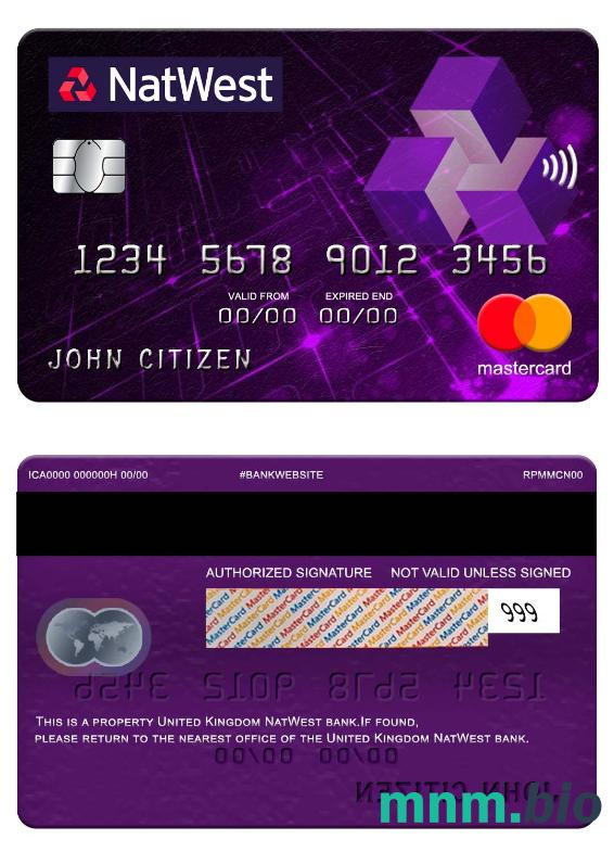 United Kingdom NatWest bank przykład karty mastercard w formacie PSD